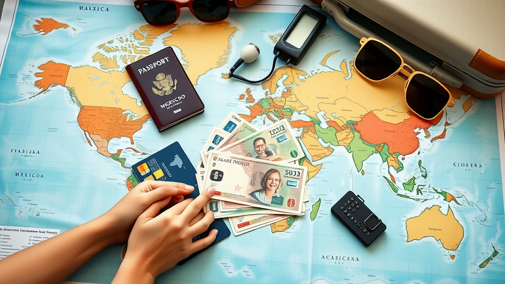Organized travel essentials including Mexican pesos and credit cards on a world map
