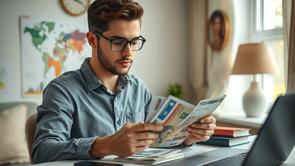 Thoughtful traveler preparing pesos and USD at home before travel to Cabo San Lucas