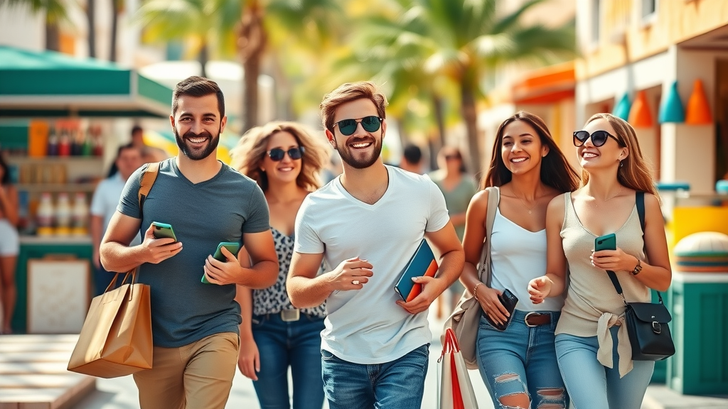 Happy international travelers enjoying Cabo San Lucas street market with shopping bags