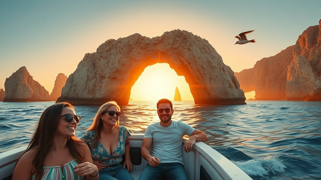 Sunset cruise in Cabo San Lucas passing by the majestic arch with travelers enjoying the ocean breeze and golden hour light