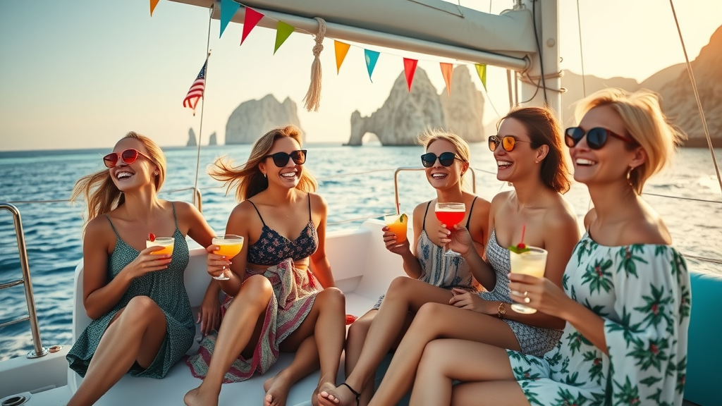 Group of friends enjoying a sunset cruise on a trimaran in Cabo San Lucas, sipping cocktails with scenic coastal backdrop