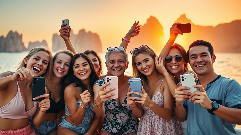 Guests on a Cabo San Lucas catamaran capturing sunset photos during golden hour with glowing cliffs in the background