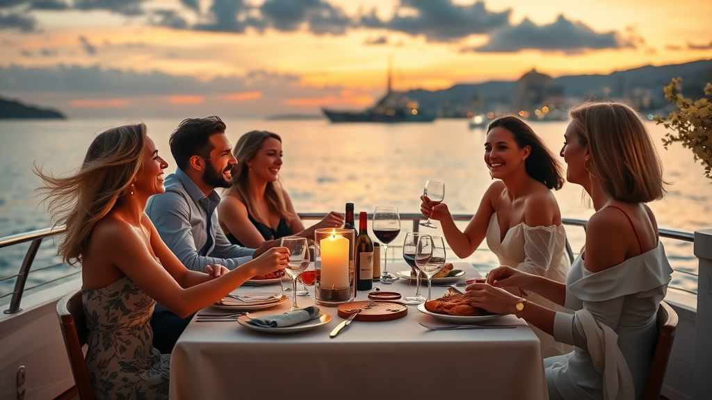 Elegant sunset dinner setup on a Cabo San Lucas boat deck with guests enjoying gourmet cuisine and city lights