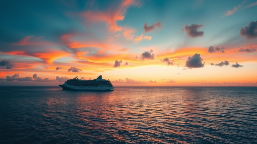 Serene twilight panorama of Cabo San Lucas ocean with cruise boat silhouetted against vivid sunset sky