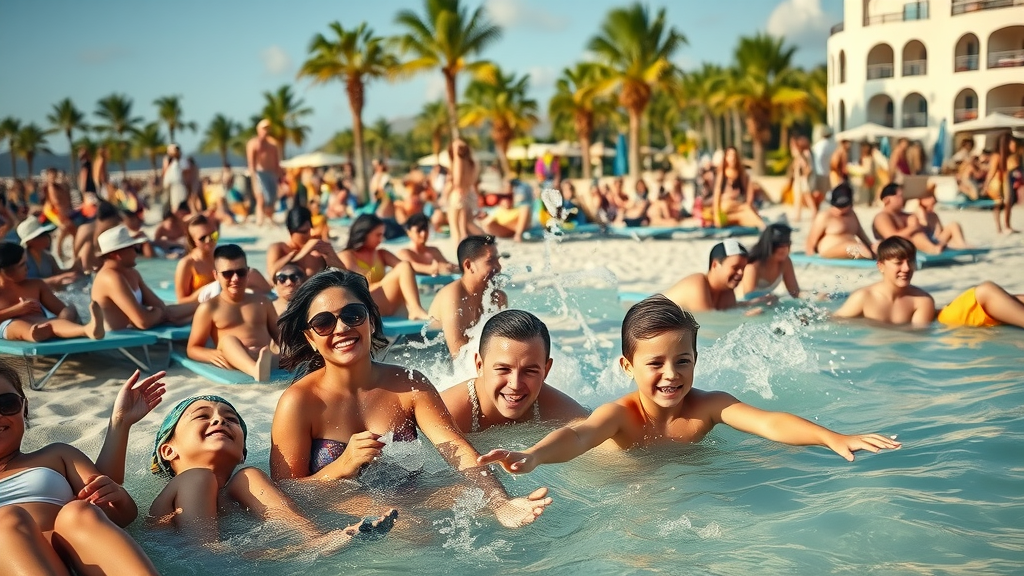 Energetic crowd of diverse travelers enjoying cabo fall winter travel at a bustling beach resort with palm trees and sunlit skies