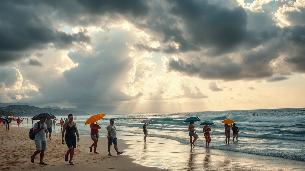 Weather transition during cabo fall winter travel with storm clouds clearing to sunny skies over beach