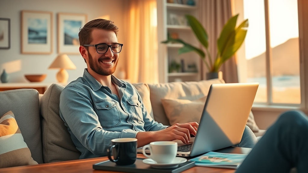 Relaxed traveler booking cabo fall winter travel vacation from home on laptop with anticipation