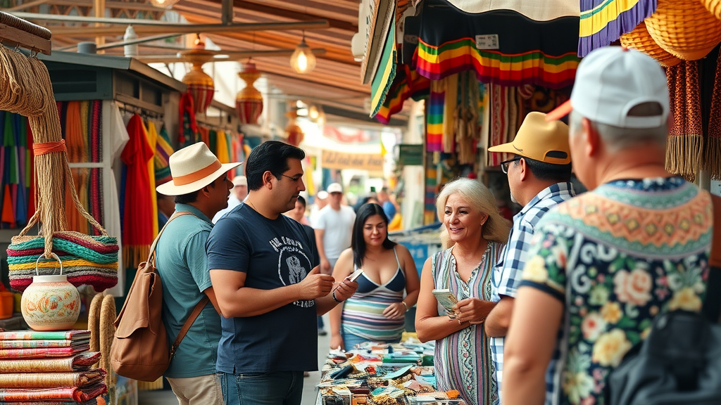 Colorful market scene in Cabo San Lucas featuring tourists exchanging currency during cabo fall winter travel