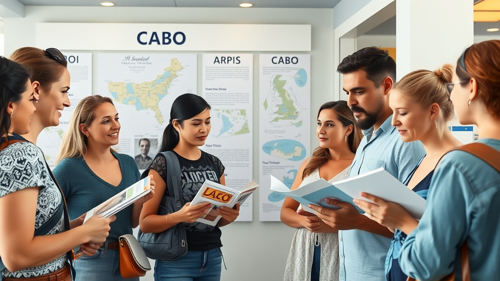 Diverse group of travelers at a Cabo information center seeking answers about cabo fall winter travel