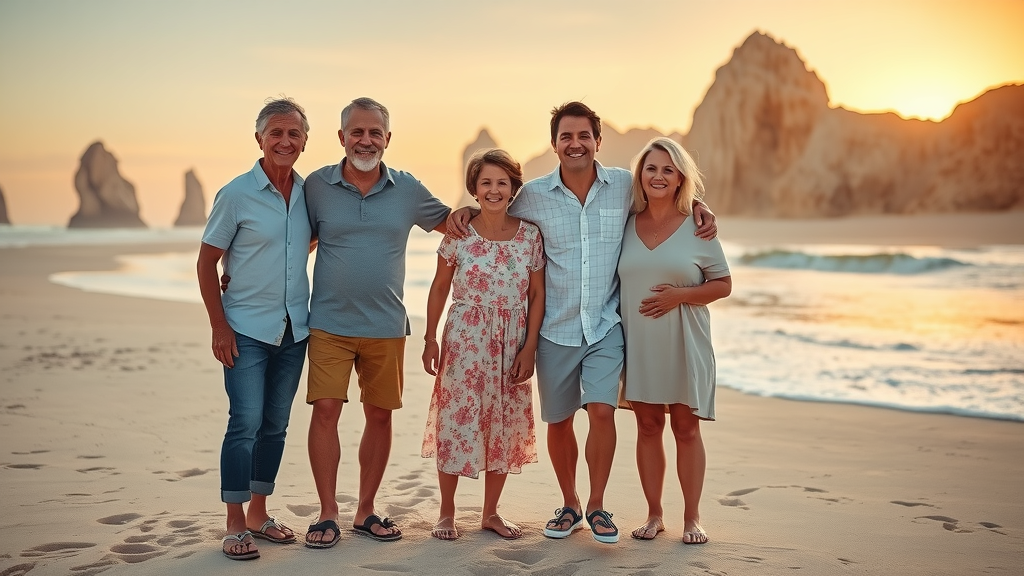 Happy multi-generation family enjoying sunset during cabo fall winter travel on beach with iconic rock background