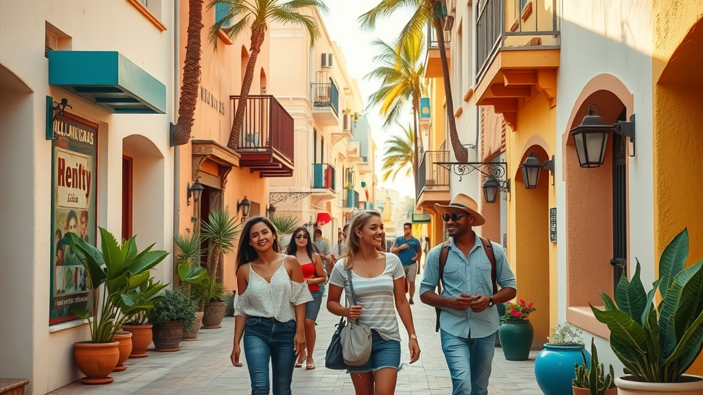 Budget lodging Cabo street scene featuring colorful guesthouses and hostels in downtown Cabo San Lucas