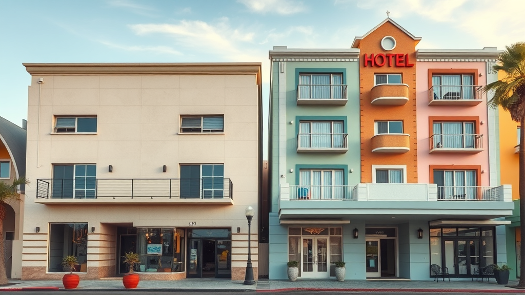 Budget lodging Cabo contrasting exteriors: cheap hotel versus boutique hotel in Cabo San Lucas