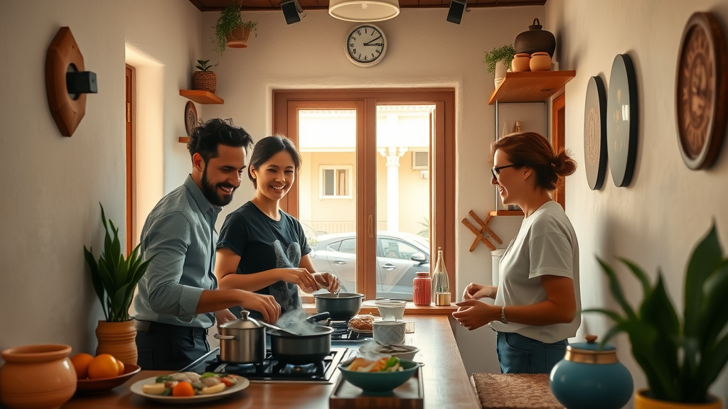 Budget lodging Cabo vacation rental interior showing friends cooking in cozy kitchen