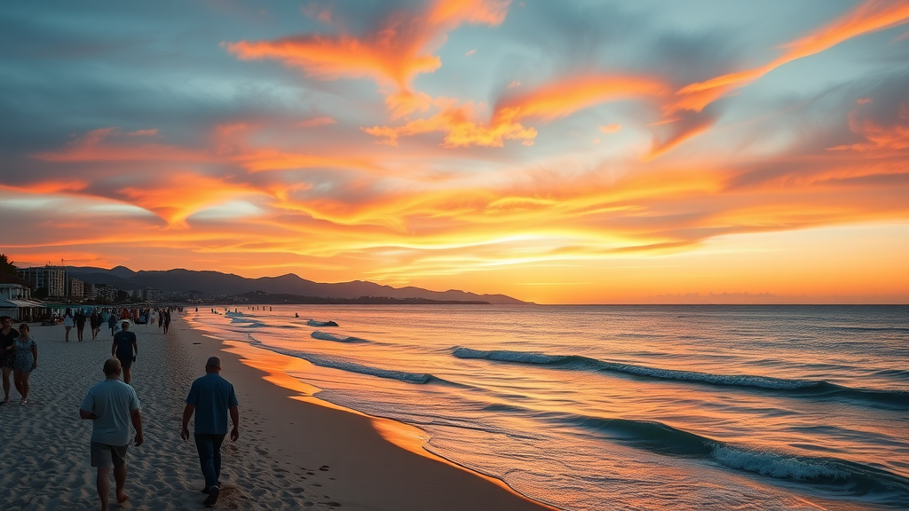 Budget lodging Cabo stunning sunset over Medano Beach with tourists walking shoreline