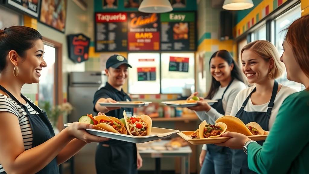 Budget dining Cabo: friendly taquería interior serving fresh tacos to smiling guests