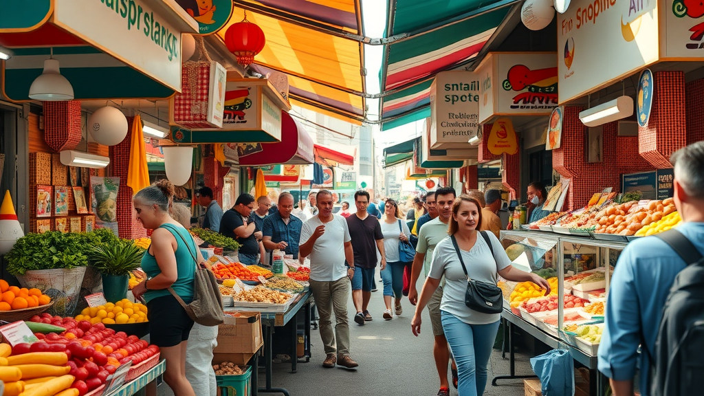 Budget dining Cabo: colorful open-air market selling fresh produce and street snacks