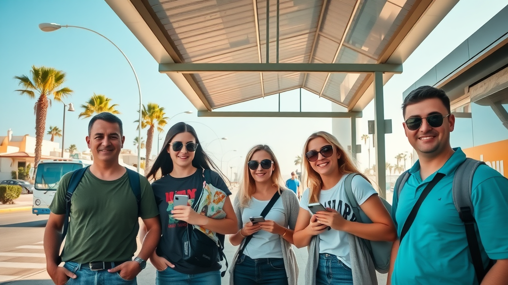 Budget transportation Cabo — travelers waiting at a local bus stop for SuburCabo public bus in Los Cabos