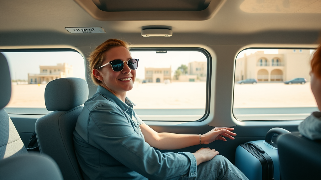 Budget transportation Cabo — traveler enjoying shared shuttle ride with scenic Cabo views