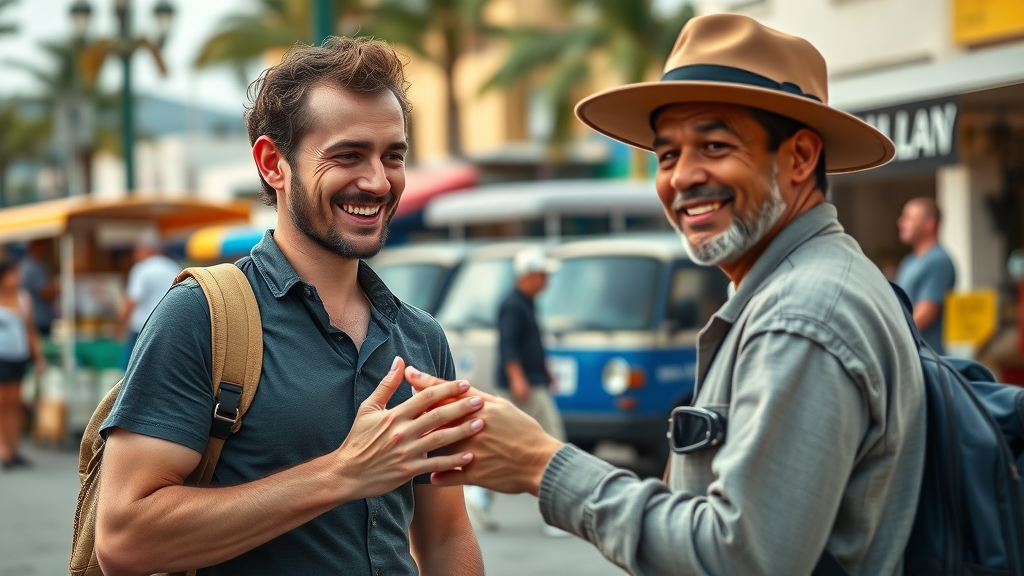 Budget transportation Cabo — traveler negotiating shuttle price with local vendor near Cabo marina