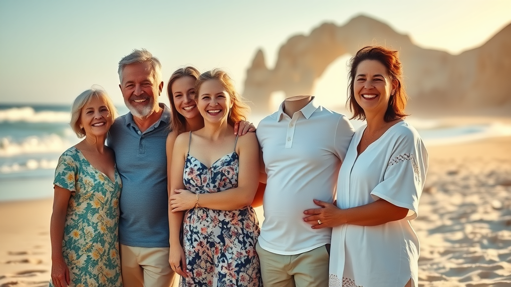 Multi-generational family enjoying a sunny day in Cabo for families with the Arch of Cabo San Lucas in the background, vibrant ocean waves, and seashells in the sand under golden sunlight.