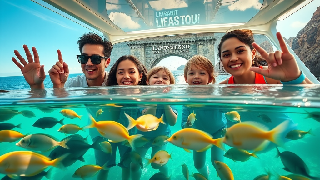 Family enjoying a glass-bottom boat tour in Cabo for families, gazing at colorful marine life with the Arch at Land’s End in the background under bright sun.