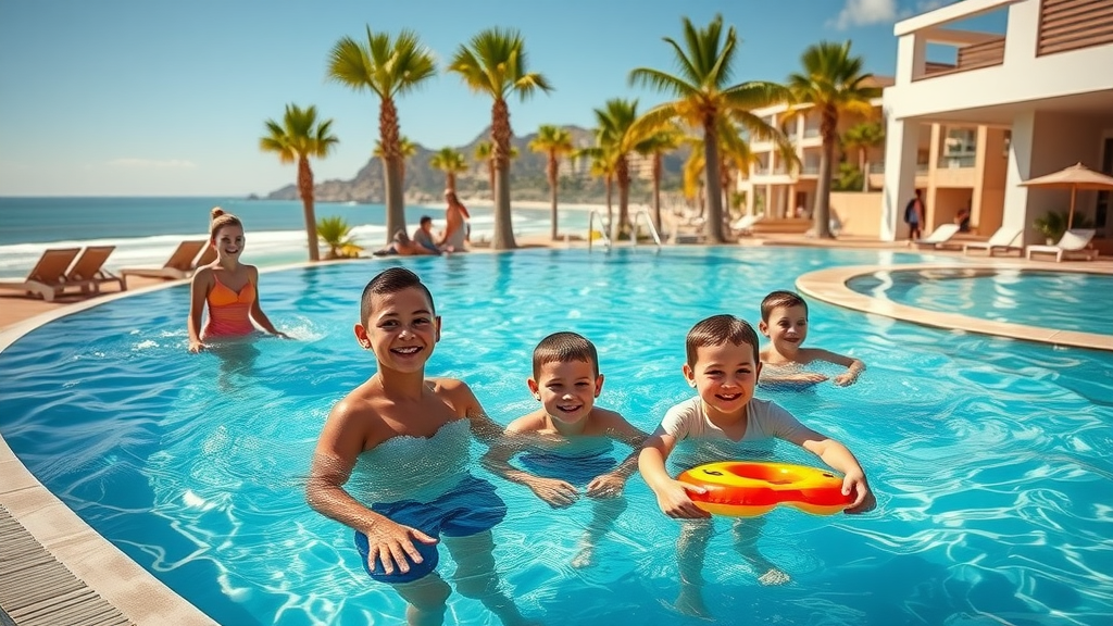 Family enjoying a modern infinity pool at an inclusive resort in Cabo for families, ocean views in the background, happy children and parents.