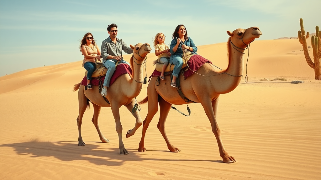 Family riding camels in the Baja California Sur dunes, smiling and excited, part of a unique Cabo for families adventure.