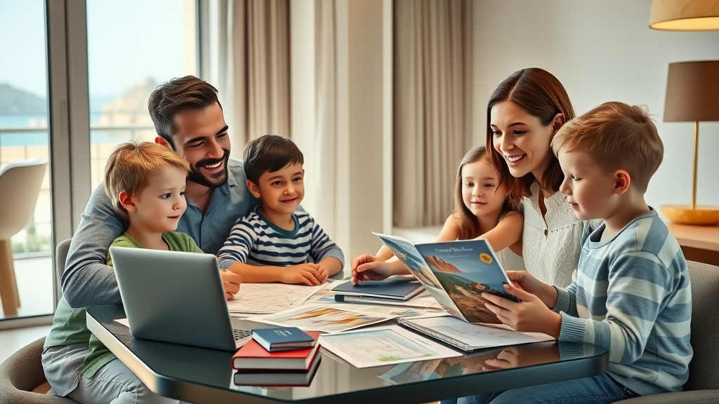 Parents and kids planning their Cabo for families vacation with a tablet and brochures in a cozy hotel room, view of Cabo outside the window.