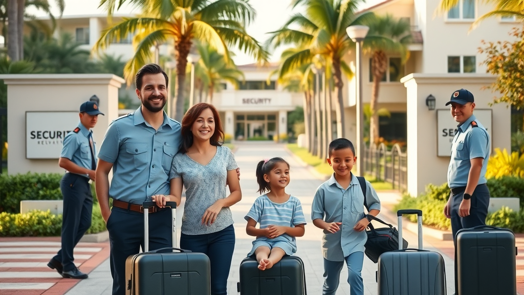Protected family smiling with attentive resort security in Cabo for families, vibrant gardens and gated entrance in the background.