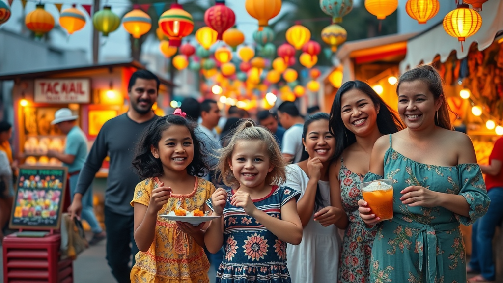 Family dancing and sampling food at a traditional street market in Baja California Sur, colorful stalls and festive lanterns all around.
