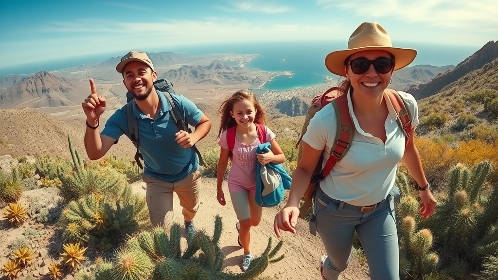 Family hiking a scenic Baja California Sur trail with cacti, mountain views, and ocean in the background—perfect off-the-beaten-path activity for Cabo for families.