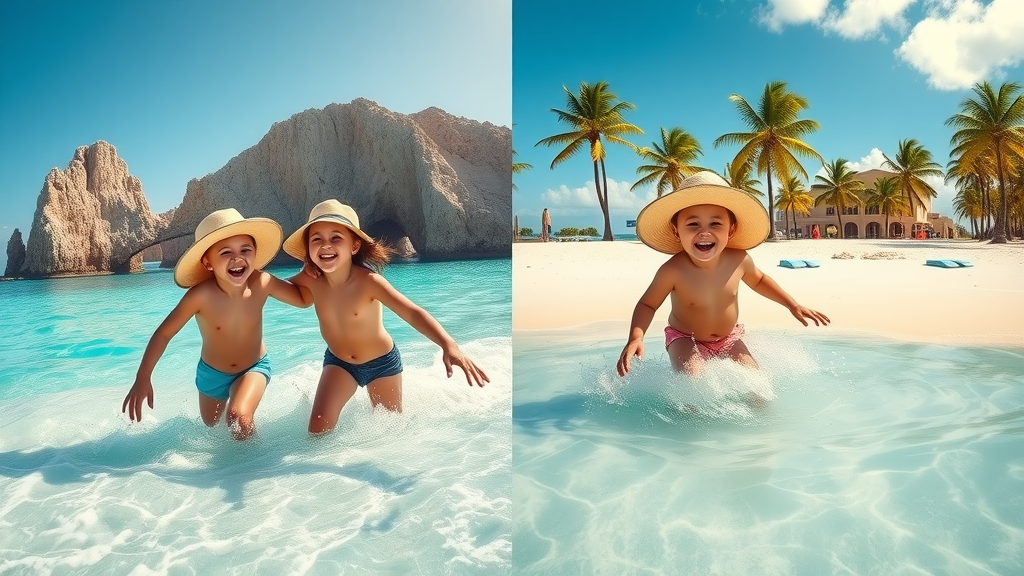 Split panorama of families enjoying Cabo