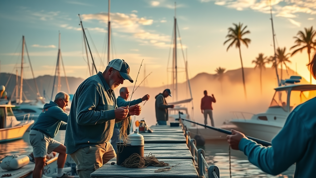 marlin fishing at Cabo San Lucas marina at sunrise - anticipation, anglers prepping gear, sunrise, palm trees, marina, dawn lighting, Ultra-HD.