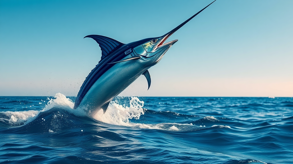 blue marlin breaching Cabo Pacific ocean - massive fish jumping, photorealistic, vibrant scales, sunlit spray, open sea, ultra-realistic.