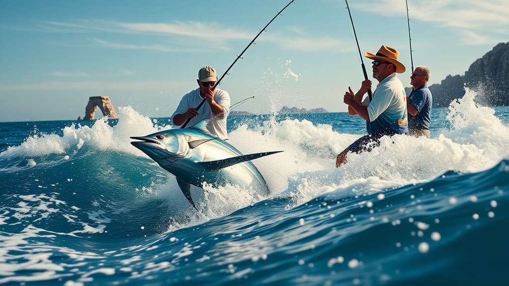 tournament marlin fishing in Cabo - excited anglers fighting marlin, action on deck, Cabo arch in background, vibrant, photorealistic.