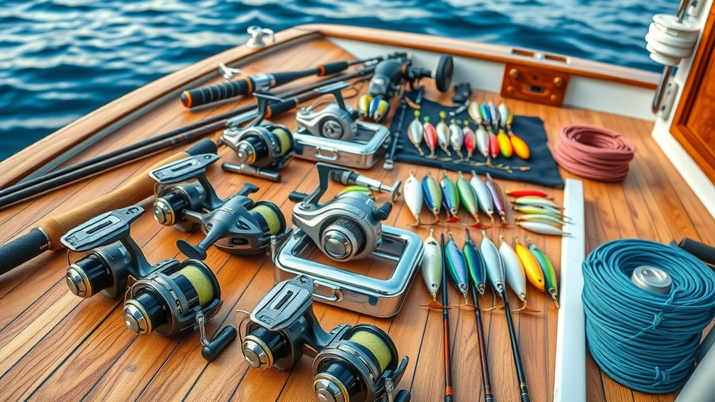 marlin fishing tackle on deck - organized rods, reels, colorful marlin lures, teak deck, blue sea background, crisp and bright.
