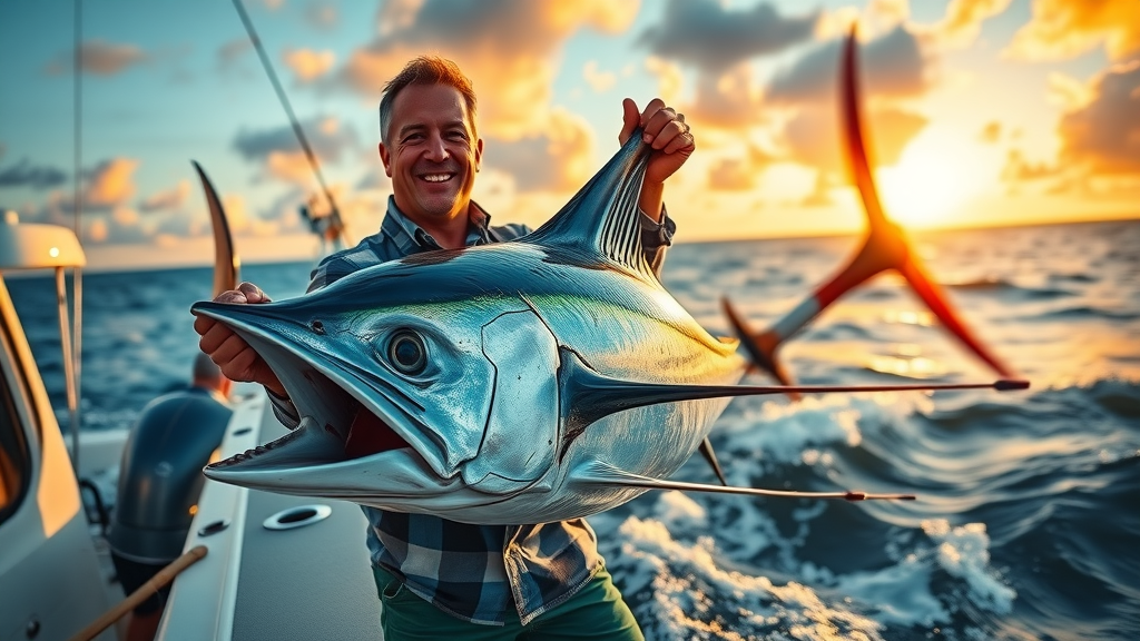 angler with catch and release marlin, charter boat, open ocean, golden hour, crew teamwork, marlin trophy, photorealistic.