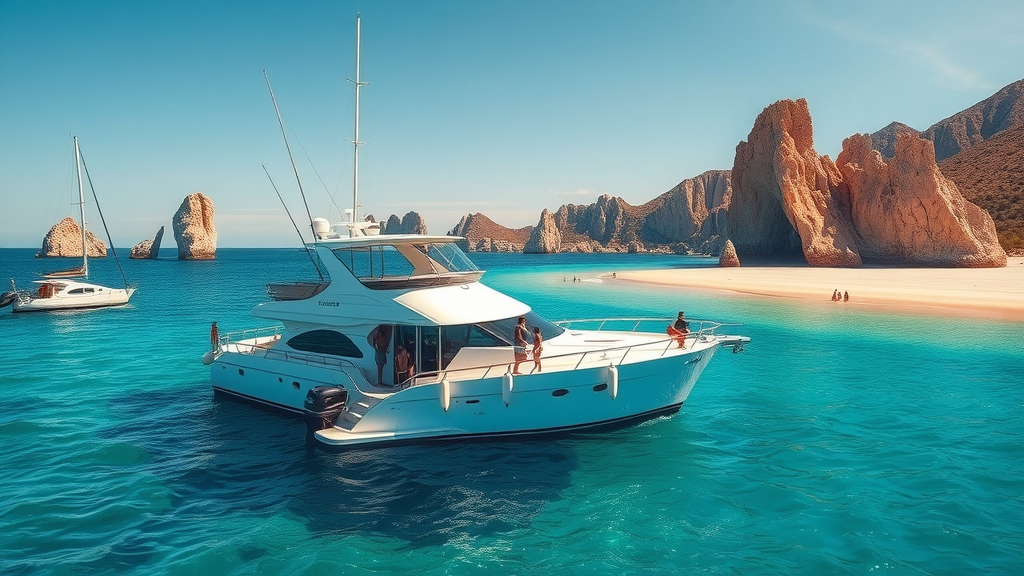 Cabo yacht charter - luxury fishing vessel, turquoise waters, anglers prepping rods, relaxing, natural light, photorealistic.