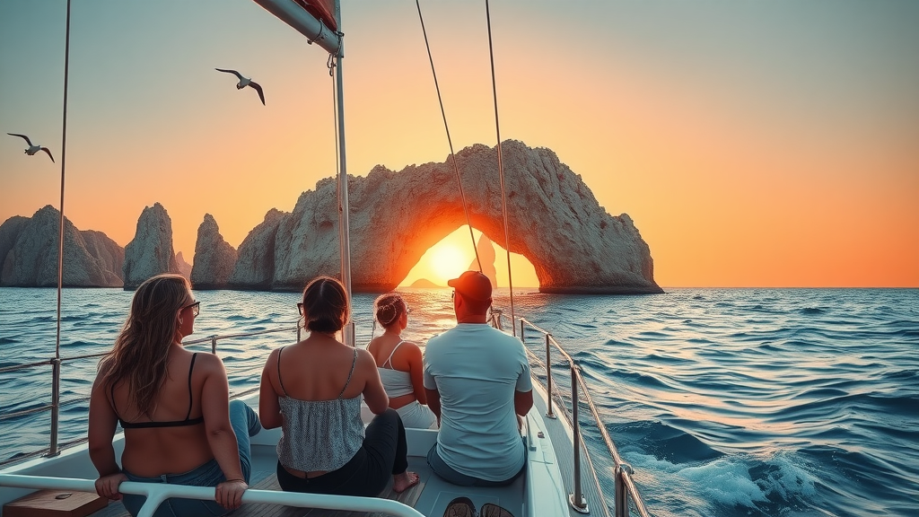 Sunset cruises Cabo fall showing a serene sailboat cruising near the iconic El Arco at sunset with relaxed passengers admiring the landmark