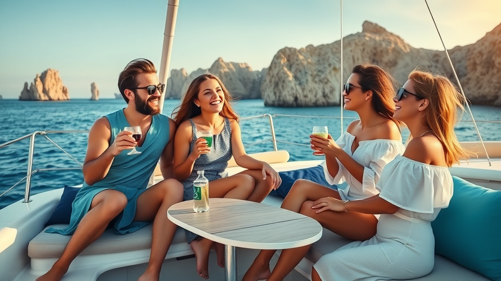 Sunset cruises Cabo fall on a luxury sailing catamaran with guests laughing and enjoying cocktails against the rugged Cabo coastline