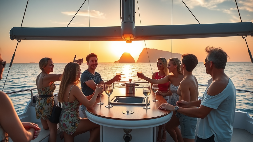 Sunset cruises Cabo fall with guests enjoying open bar and sunset views on a luxurious catamaran cruising calm ocean near Land