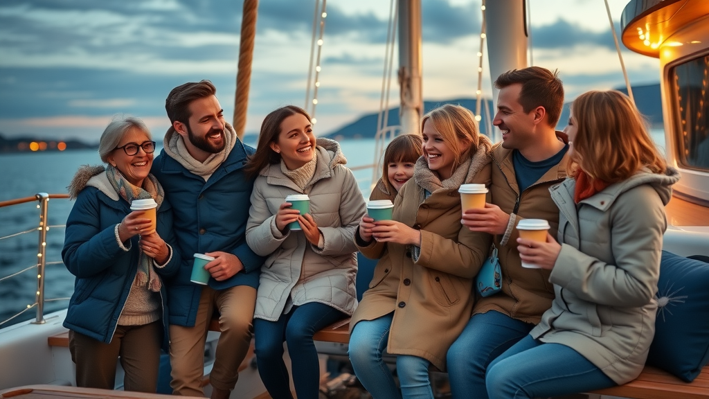 Sunset cruises Cabo fall showing family and friends wrapped in jackets on a catamaran deck at dusk, chatting and enjoying warm drinks in cool twilight
