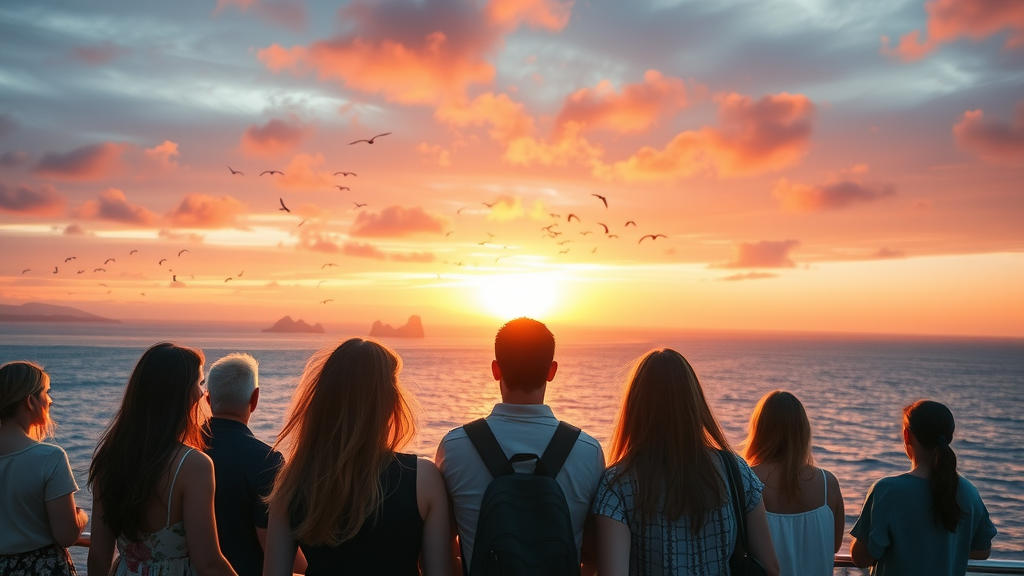 Panoramic view from a cruise deck at sunset with group of travelers watching sun dip below horizon, iconic Cabo landmarks silhouetted against vivid sunset sky