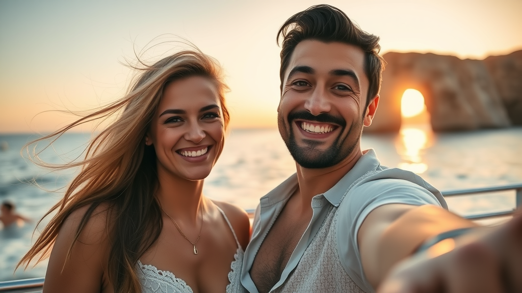 Couple taking a selfie on a sunset cruise Cabo fall with El Arco in the background during golden-pink ocean glow