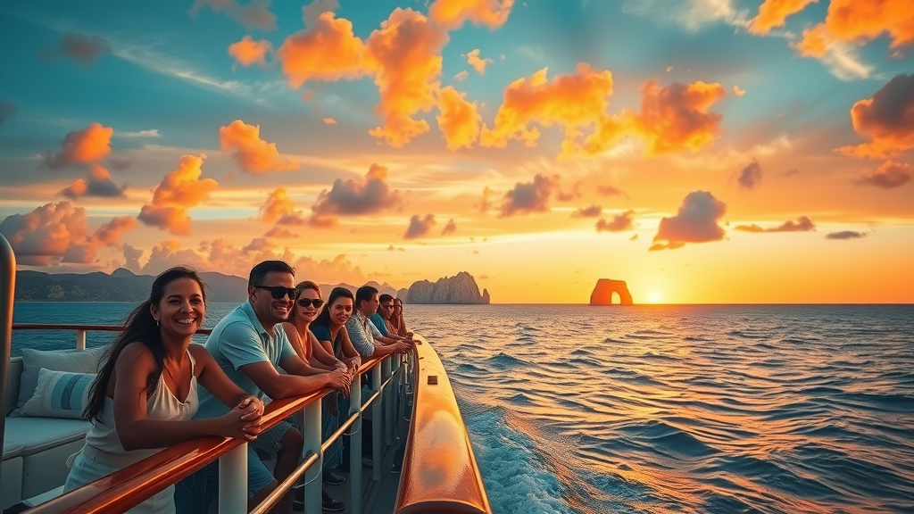 cabo sunset cruise experiences vibrant fall sunset with passengers enjoying cruise on deck near El Arco