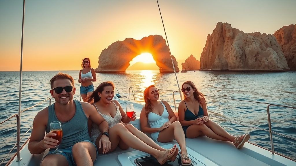 cabo sunset cruise experiences serene sailboat at golden-hour with happy couples and friends enjoying drinks