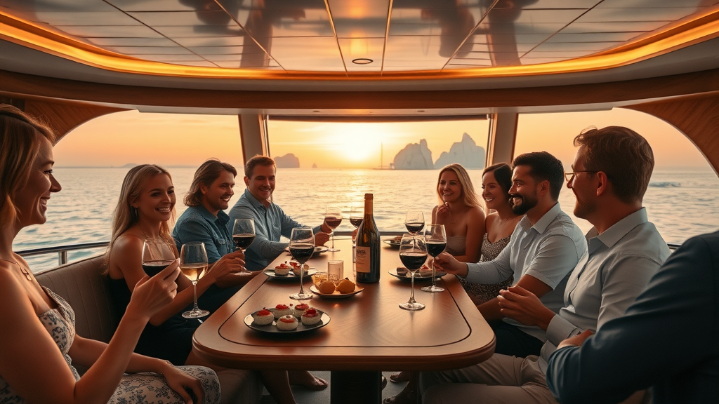 cabo sunset cruise experiences upscale private yacht interior at sunset with small group enjoying hors d’oeuvres and wine