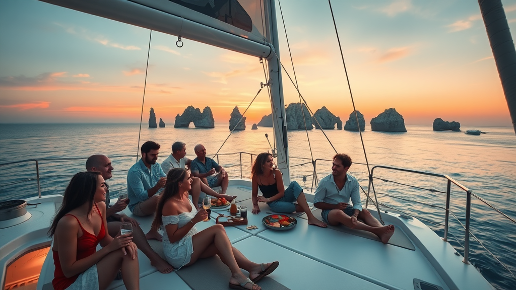 cabo sunset cruise experiences luxurious catamaran sailing at dusk with joyful passengers on deck