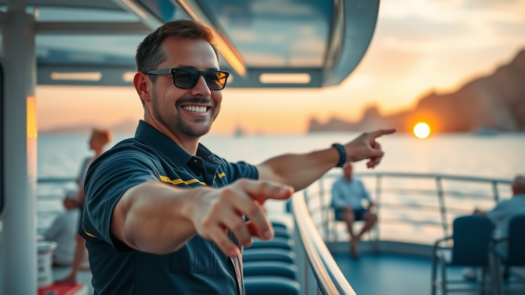 cabo sunset cruise experiences experienced crew member assisting travelers with safety and service on deck
