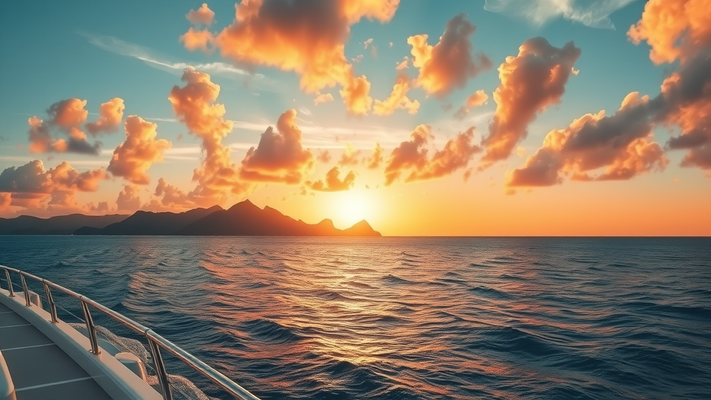 Fall sunset cruise planning Cabo with breathtaking golden hour view over Cabo San Lucas coastline, panoramic from boat deck